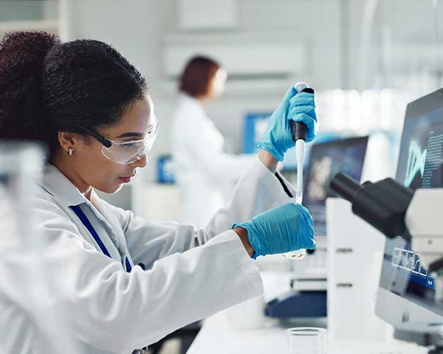 Test tubes, dropper and woman scientist in laboratory for medical study, research or experiment. Glass vials, pipette and professional female person with chemical liquid for pharmaceutical innovation