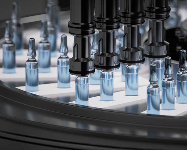 Pharmaceutical production: glass ampoules with blue liquid, moving on an automatic conveyor line