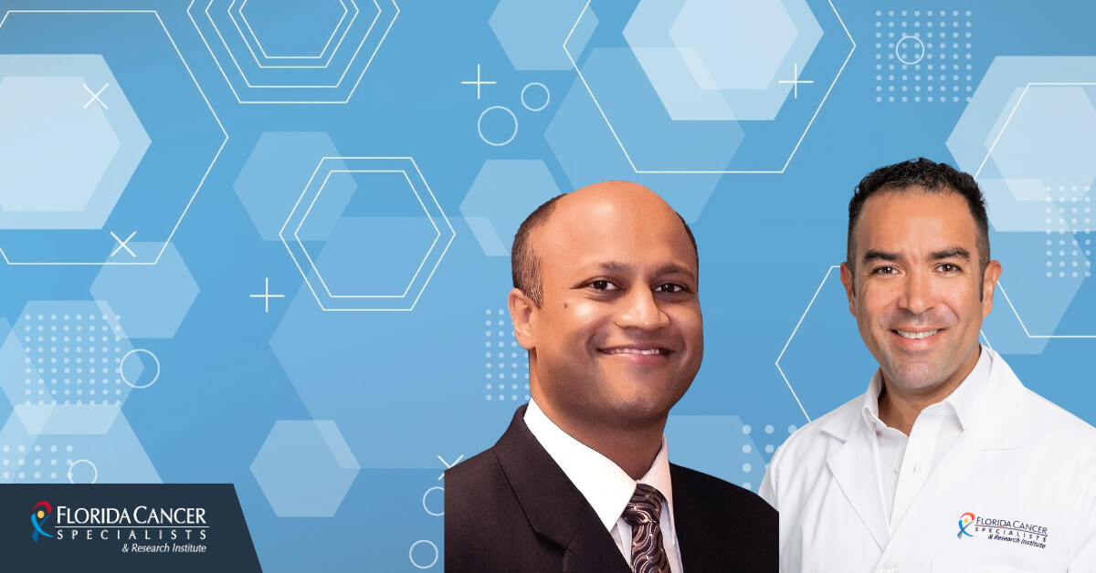 Manish Patel, MD and Cesar Augusto Perez, MD standing in front of a blue background promoting genitourinary cancer research findings at the ASCO GU 2026 symposium