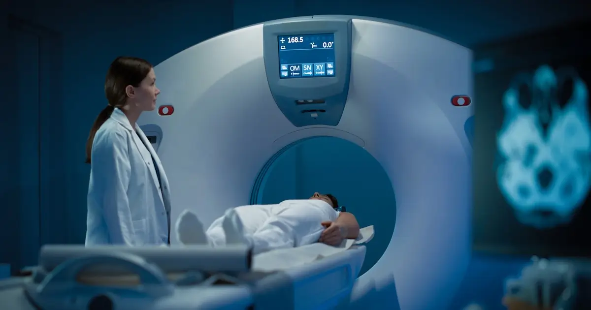 Radiation oncology technician monitors a patient undergoing a PET/CT scan for diagnosis of benign conditions