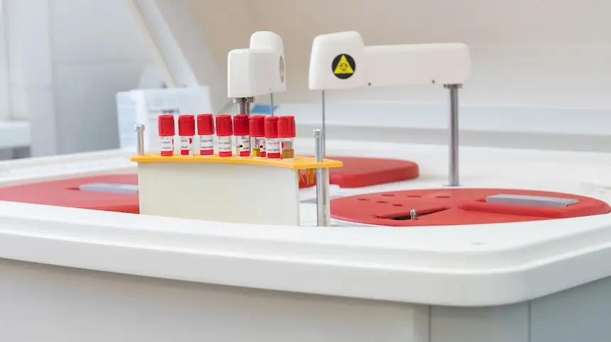 Laboratory workstation with labeled blood collection vials in a yellow rack, red sample ports, and a biohazard-marked instrument arm in a clinical radiopharmaceutical therapy setting