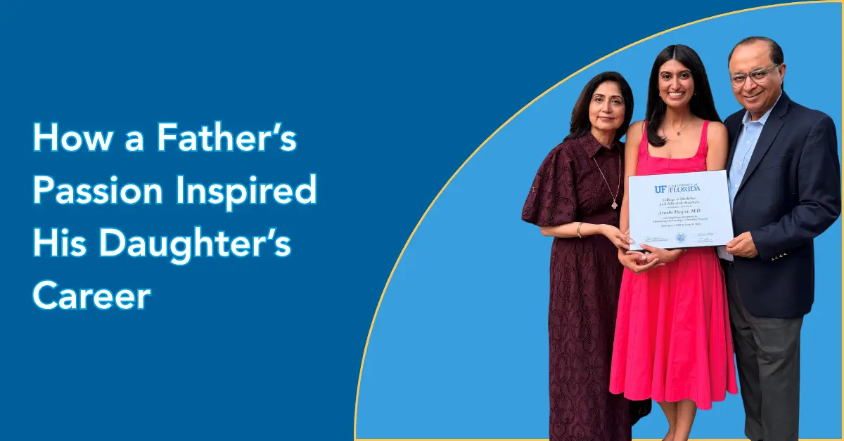 Dr. Arushi Thaper holding her University of Florida fellowship certificate with her parents, Dr. Sandeep Thaper and Mini Thaper.