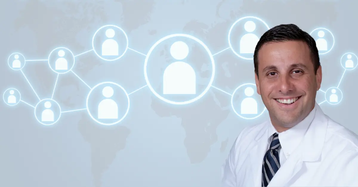 Dr. Scott Lunin, FCS Director of Physician Engagement, smiling in a white coat with a network graphic representing physician connections