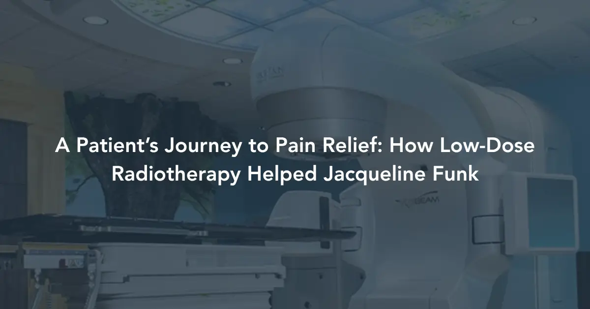 A linear accelerator delivers low-dose radiotherapy (LDRT), a non-invasive outpatient treatment for painful benign conditions such as osteoarthritis and plantar fasciitis. Florida Cancer Specialists & Research Institute.