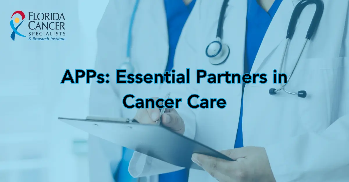 Advanced Practice Provider in a white coat holding a clipboard, with the article title APPs: Essential Partners in Cancer Care